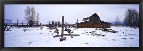 Framed Mormon barn in winter, Wyoming, USA Print