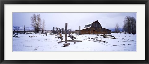 Framed Mormon barn in winter, Wyoming, USA Print