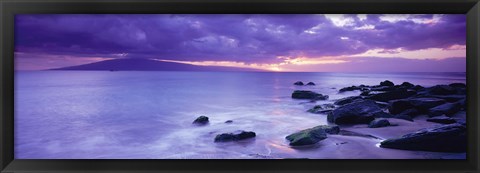 Framed Rocks on coast at sunset, Maui, Hawaii, USA Print