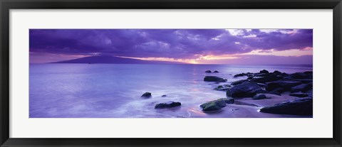Framed Rocks on coast at sunset, Maui, Hawaii, USA Print