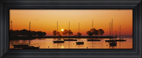 Framed Silhouette of sailboats in a lake, Lake Michigan, Chicago, Illinois, USA Print