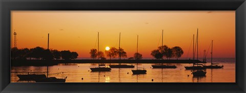 Framed Silhouette of sailboats in a lake, Lake Michigan, Chicago, Illinois, USA Print
