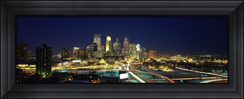 Framed Buildings lit up at night in a city, Minneapolis, Hennepin County, Minnesota, USA Print