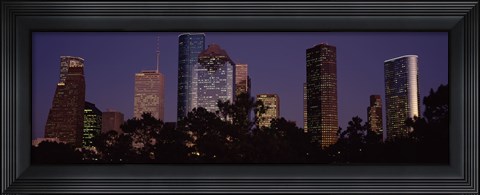 Framed Buildings in a city lit up at dusk, Houston, Harris county, Texas, USA Print