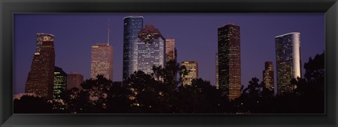 Framed Buildings in a city lit up at dusk, Houston, Harris county, Texas, USA Print