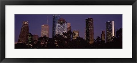 Framed Buildings in a city lit up at dusk, Houston, Harris county, Texas, USA Print