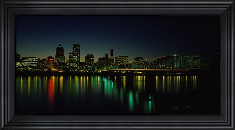 Framed Buildings lit up at night, Willamette River, Portland, Oregon, USA Print