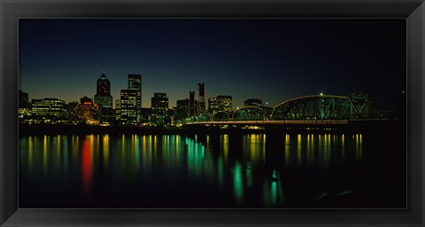 Framed Buildings lit up at night, Willamette River, Portland, Oregon, USA Print