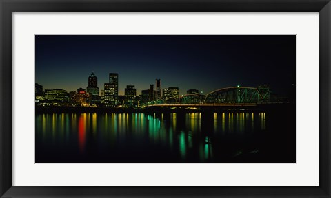 Framed Buildings lit up at night, Willamette River, Portland, Oregon, USA Print