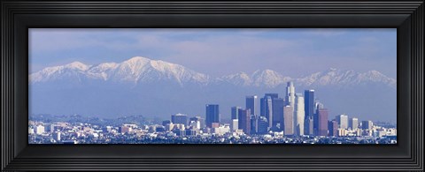Framed Buildings in a city with snowcapped mountains in the background, San Gabriel Mountains, City of Los Angeles, California, USA Print