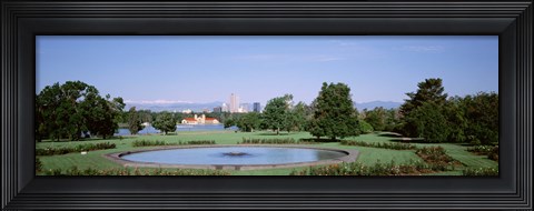 Framed Formal garden in City Park with city and Mount Evans in background, Denver, Colorado, USA Print
