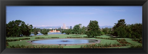 Framed Formal garden in City Park with city and Mount Evans in background, Denver, Colorado, USA Print