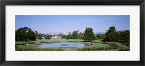 Framed Formal garden in City Park with city and Mount Evans in background, Denver, Colorado, USA Print