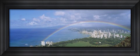 Framed Rainbow Over A City, Waikiki, Honolulu, Oahu, Hawaii, USA Print