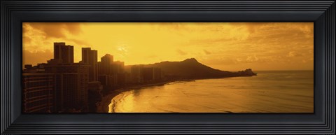 Framed USA, Hawaii, Honolulu, Waikiki Beach, Sunrise view of city and beach Print