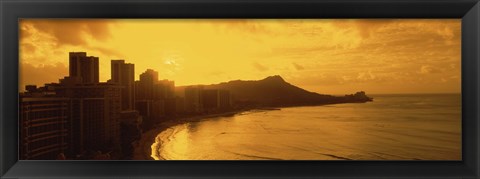 Framed USA, Hawaii, Honolulu, Waikiki Beach, Sunrise view of city and beach Print