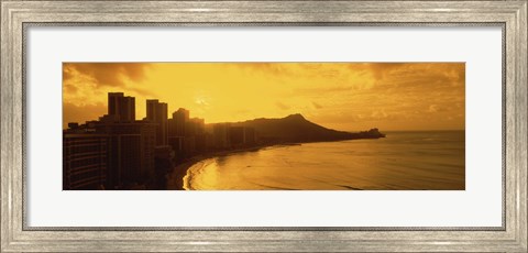 Framed USA, Hawaii, Honolulu, Waikiki Beach, Sunrise view of city and beach Print