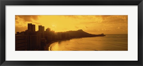 Framed USA, Hawaii, Honolulu, Waikiki Beach, Sunrise view of city and beach Print