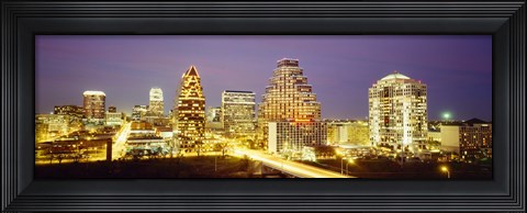 Framed Buildings lit up at dusk, Austin, Texas, USA Print