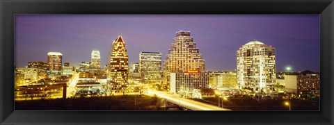 Framed Buildings lit up at dusk, Austin, Texas, USA Print