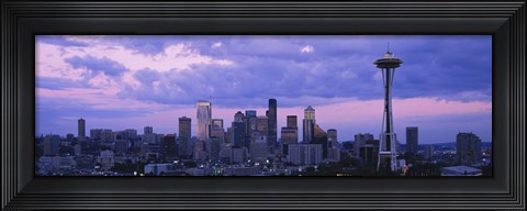Framed Seattle Skyline with Purple Sky and Clouds Print