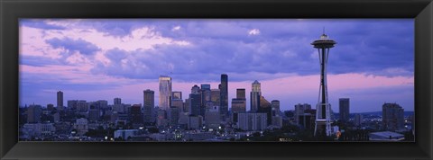 Framed Seattle Skyline with Purple Sky and Clouds Print