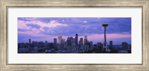 Framed Seattle Skyline with Purple Sky and Clouds Print