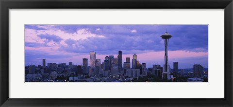 Framed Seattle Skyline with Purple Sky and Clouds Print