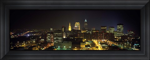 Framed Aerial view of a city lit up at night, Cleveland, Ohio, USA Print