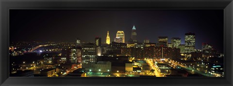 Framed Aerial view of a city lit up at night, Cleveland, Ohio, USA Print