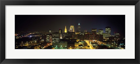Framed Aerial view of a city lit up at night, Cleveland, Ohio, USA Print