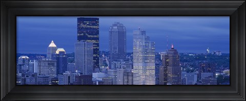 Framed High angle view of skyscrapers lit up at dusk, Pittsburgh, Pennsylvania, USA Print