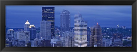 Framed High angle view of skyscrapers lit up at dusk, Pittsburgh, Pennsylvania, USA Print