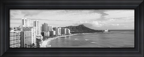Framed Diamond Head, Waikiki, Oahu, Honolulu, Hawaii (black &amp; white) Print