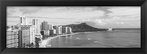 Framed Diamond Head, Waikiki, Oahu, Honolulu, Hawaii (black &amp; white) Print