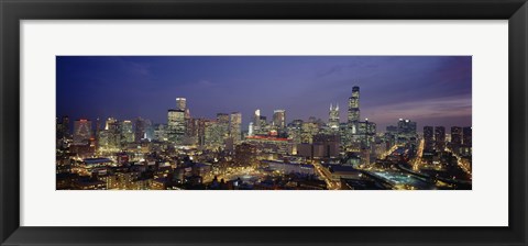 Framed High Angle View Of Buildings Lit Up At Dusk, Chicago, Illinois, USA Print