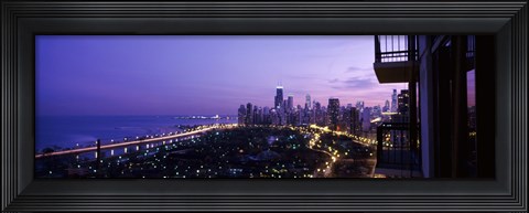 Framed High angle view of a city at night, Lake Michigan, Chicago, Cook County, Illinois, USA Print