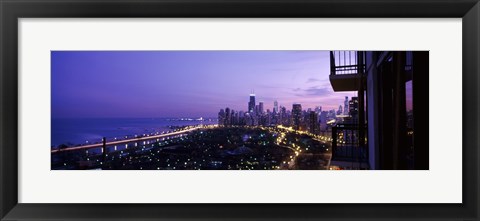 Framed High angle view of a city at night, Lake Michigan, Chicago, Cook County, Illinois, USA Print