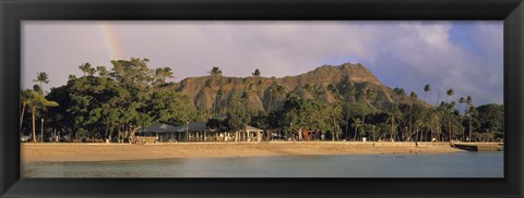 Framed USA, Hawaii, Oahu, Honolulu, Diamond Head St Park, View of a rainbow over a beach resort Print