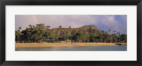 Framed USA, Hawaii, Oahu, Honolulu, Diamond Head St Park, View of a rainbow over a beach resort Print