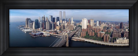 Framed Aerial view of Brooklyn Bridge and Manhattan skyline, New York City, New York State, USA Print