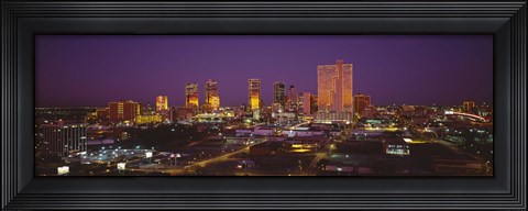 Framed High angle view of skyscrapers lit up at night, Dallas, Texas, USA Print