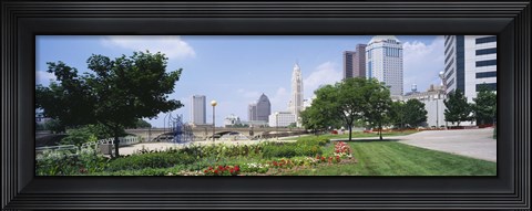 Framed Garden in front of skyscrapers in a city, Scioto River, Columbus, Ohio, USA Print