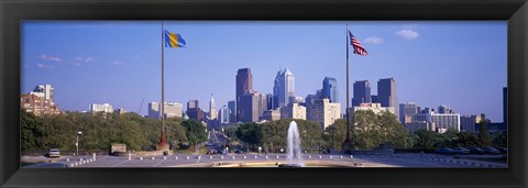 Framed Fountain at art museum with city skyline, Philadelphia, Pennsylvania, USA Print