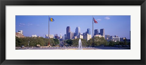 Framed Fountain at art museum with city skyline, Philadelphia, Pennsylvania, USA Print