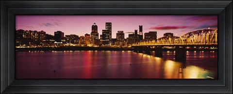 Framed Skyscrapers lit up at sunset, Willamette River, Portland, Oregon, USA Print