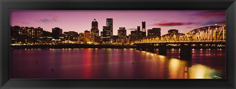 Framed Skyscrapers lit up at sunset, Willamette River, Portland, Oregon, USA Print