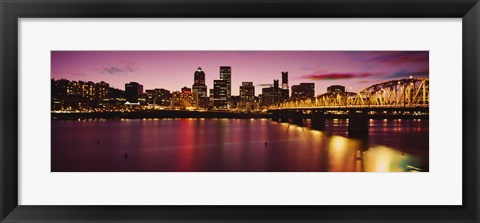 Framed Skyscrapers lit up at sunset, Willamette River, Portland, Oregon, USA Print