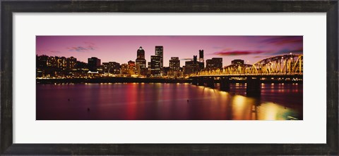 Framed Skyscrapers lit up at sunset, Willamette River, Portland, Oregon, USA Print