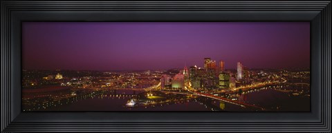 Framed High angle view of buildings lit up at night, Three Rivers Stadium, Pittsburgh, Pennsylvania, USA Print